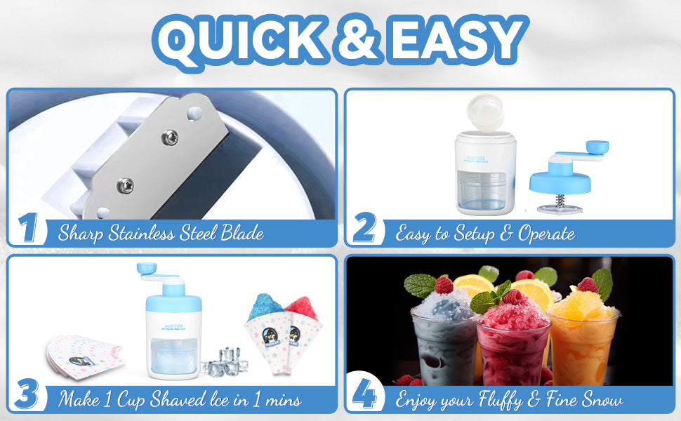 Manual Shaved Ice Maker Machine, Ice Shaver Machine, Snow Cone Maker Machine, Portable Ice Crusher, 10 Cups 10 Spoon Straws & Recipes Included (Blue)