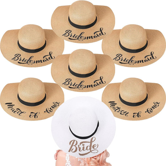 Geyoga 7 Pcs Bride and Bridesmaid Sun Hat Bulk Foldable Floppy Women Hat for Bachelorette Party Gift Honeymoon