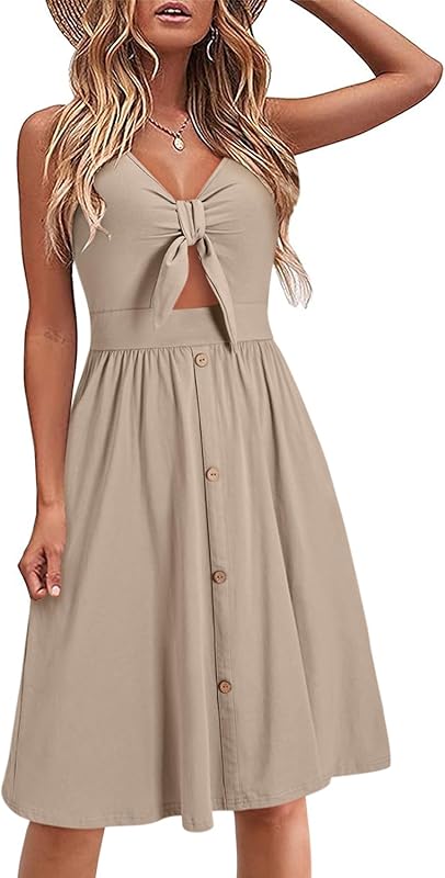 VOTEPRETTY Womens Summer Dresses Tie Front Beach Dress Spaghetti Strap Sundress with Pockets for Party Vacation