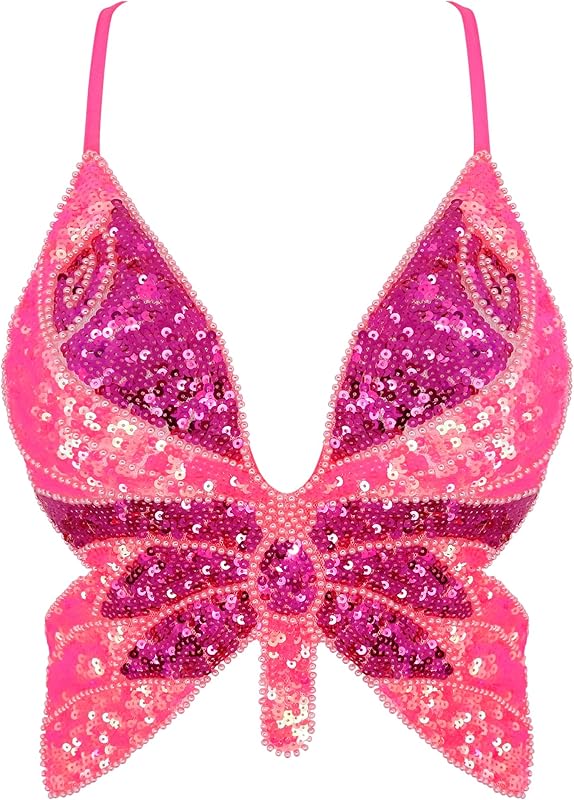 Mocure Womens Glitter Sequin Butterfly Crop Top Low-Cut Tank Top Rave Tube Vest Top for Belly Dance Costume Outfits