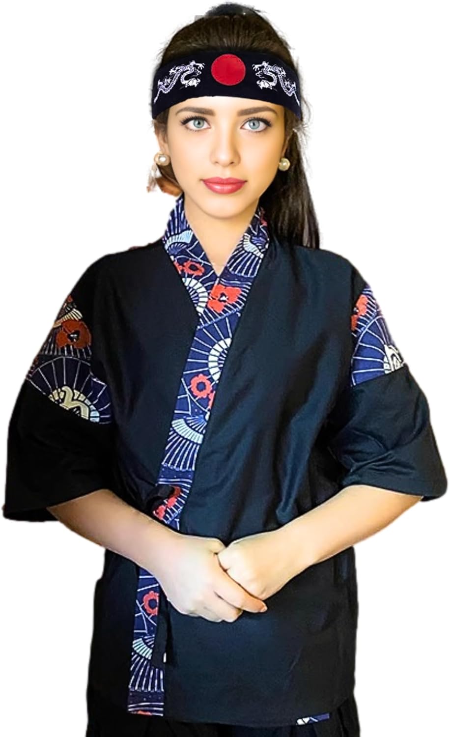 Japanese Sushi Restaurant Chef Coat Uniforms, 3/4 Sleeve Kimono Floral Workwear Jacket Dragon Black Headband XL