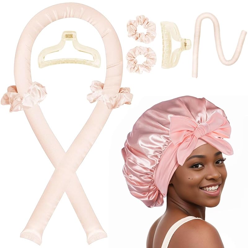 Heatless Hair Curler,Blowout Heatless Curls Overnight,No Heat Curling Rod Set with Satin Bonnet for Sleep in,Pink