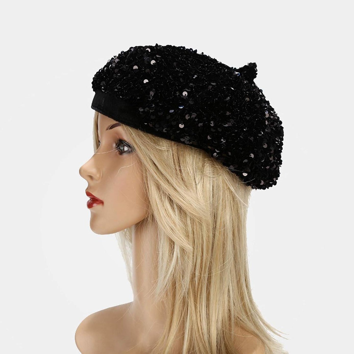 Women Beret Hat Glitter Sequins French Style Beanie Cap Adjustable Fashion Shimmer Hat for Girls Ladies
