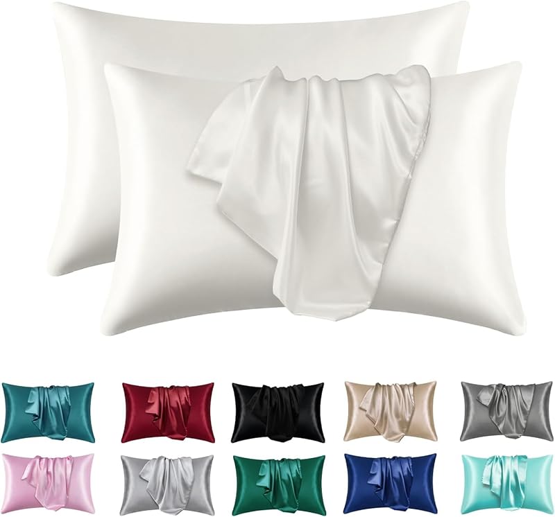 Satin Silk Pillowcases for Skin and Hair,Set of 2 Satin Pillow Cases for Women with Envelope Closure,Soft Breathable Smooth Cooling Silk Pillow Covers for Gifts，Solid Black，Queen (20" x 30")
