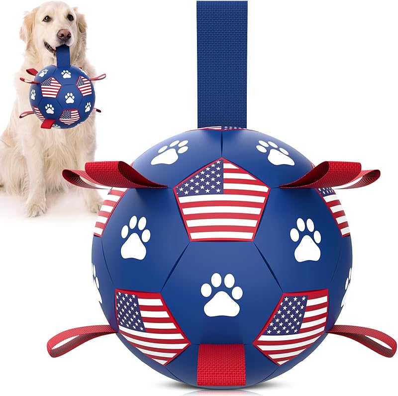 QDAN Dog Toys Balls, Dog Soccer Ball with Straps, Dog Birthday Gifts, Herding Ball, Durable Dogs Balls for Small Medium Pet, Puppy Outdoor Water Toy, World Cup Soccer (6 Inch)
