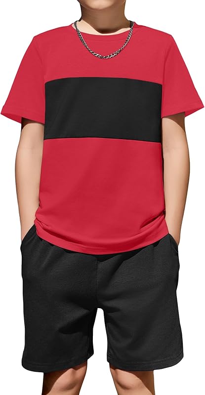 Arshiner Boys' 2-Piece Cotton Outfit Color Block T-Shirt and Shorts Set Casual Summer Clothes for Kids 6-14 Years
