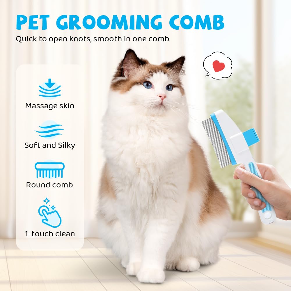 Pet Hair Removal Comb Flea Comb, Cat Brush with Release Button, Cat Grooming Brushes for Indoor Cats Shedding, Cleaning Shedding Pet Hair Remover for Dogs Cats Pet Grooming Brush Tool (Blue, 1PC)