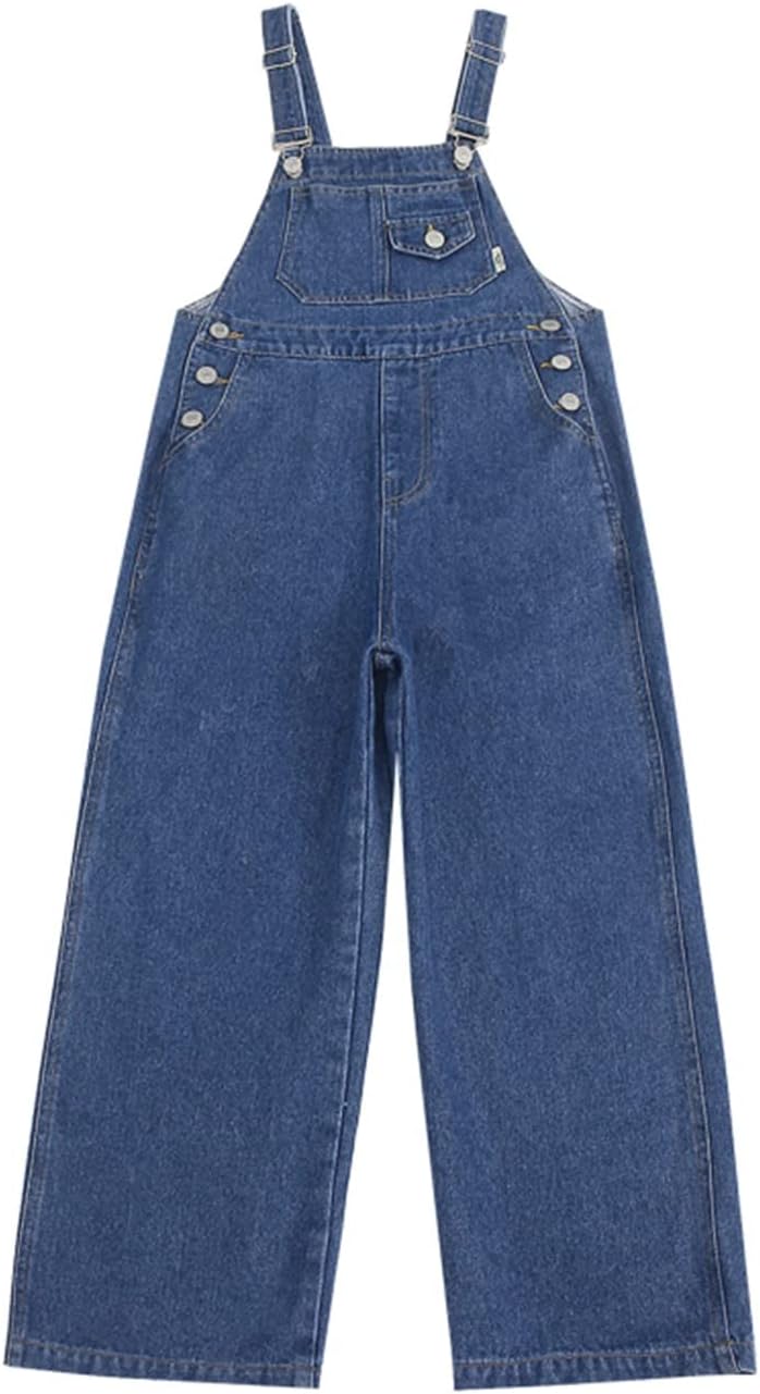 Rolanko Girls Overalls Denim Bib Distressed Jumpsuit Kids Blue Baggy Jean Pants 4-14 Years with Pockets