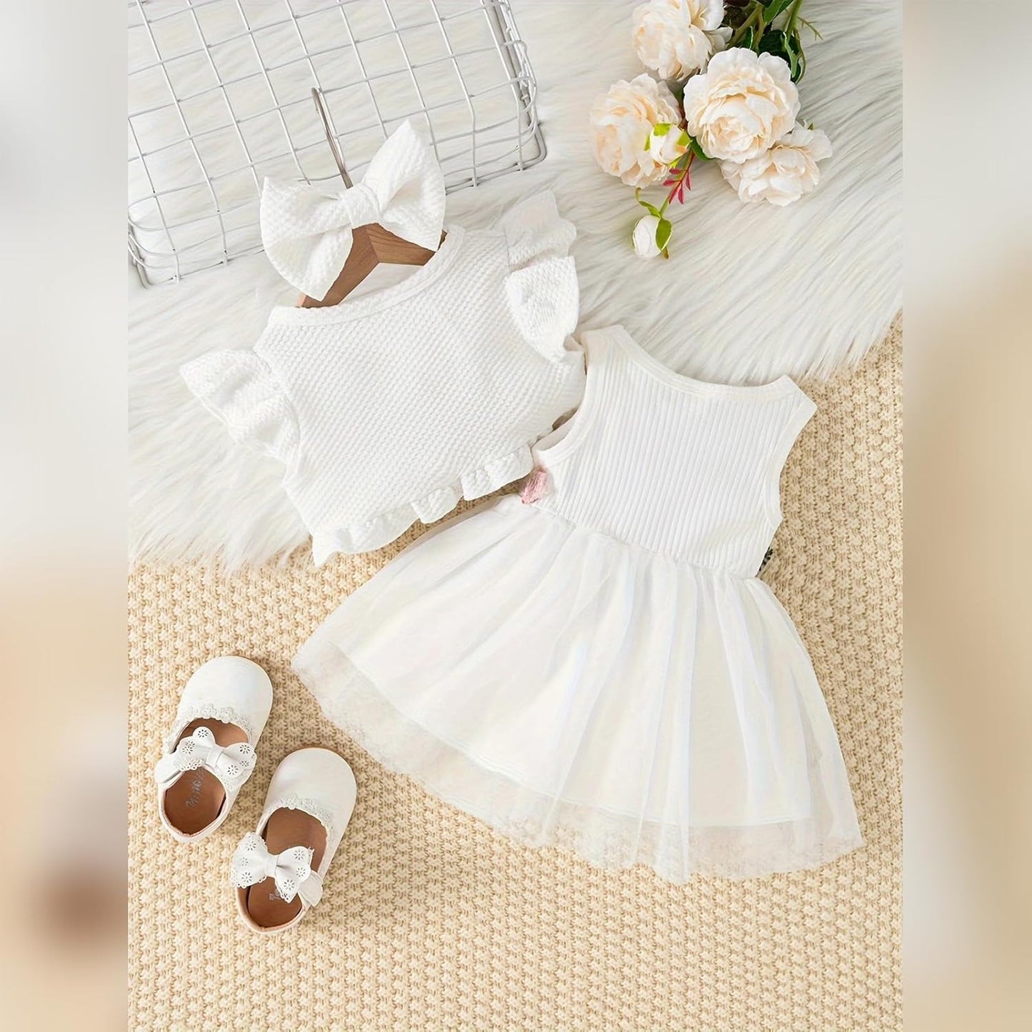 IDOPIP Baby Girls Tutu Dress Cardigan Headband 3 Pieces Elegant Embroidery Outfit Princess Baptism Ball Gown Pageant Dress