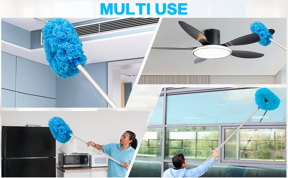 Ceiling Fan Cleaner Duster Reusable Microfiber Ceiling Fan Blade Cleaner Removable Duster with Extension Pole Adjusts 13 to 49.7 Inch for Cleaning Walls Bookshelves Furniture Door Window Top (Blue)