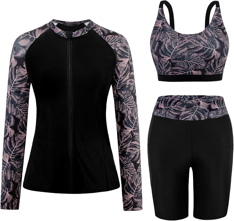 Arolina Womens Rash Guard Long Sleeve Swim Shirts Swimsuit 2025 Bathing Suit with Womens Swim Shorts & Two Pockets