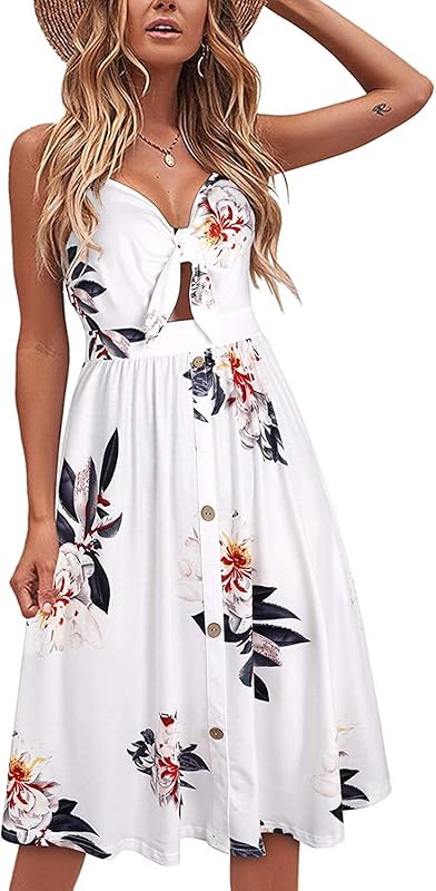 VOTEPRETTY Womens Summer Dresses Tie Front Beach Dress Spaghetti Strap Sundress with Pockets for Party Vacation