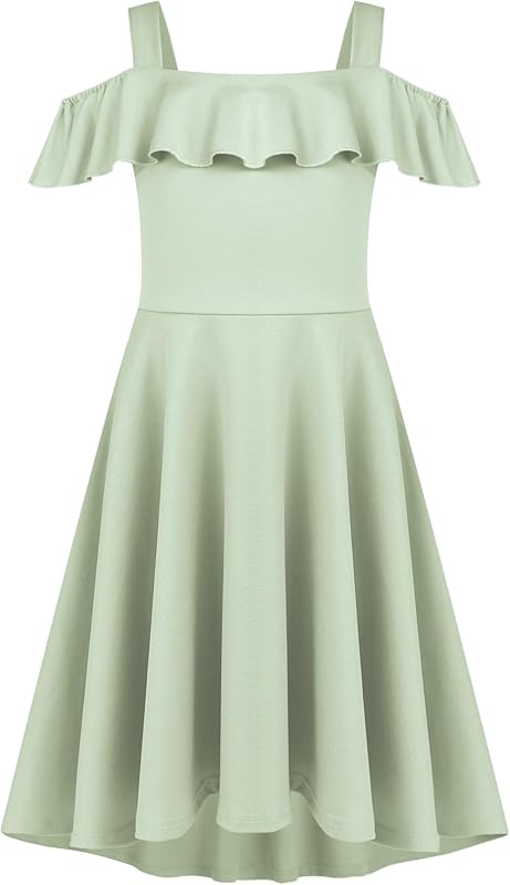 Arshiner Girls Summer Dress Off Shoulder Children's Dress Ruffle Sleeves Elegant Strap Dress Children A Line Swing Dress High Low Dress Casual Dresses with Pocket 4-13Years