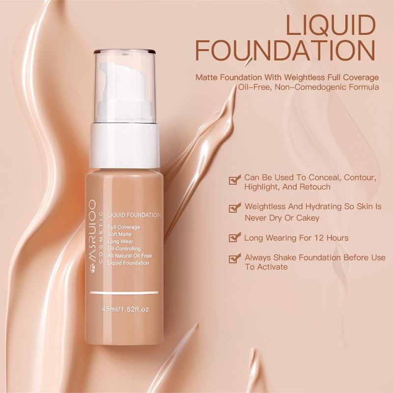 Liquid Foundation, Matte Finish, Weightless Full Coverage, Oil-Free, Non-Comedogenic, 1.52 fl oz (M006, 1pc)