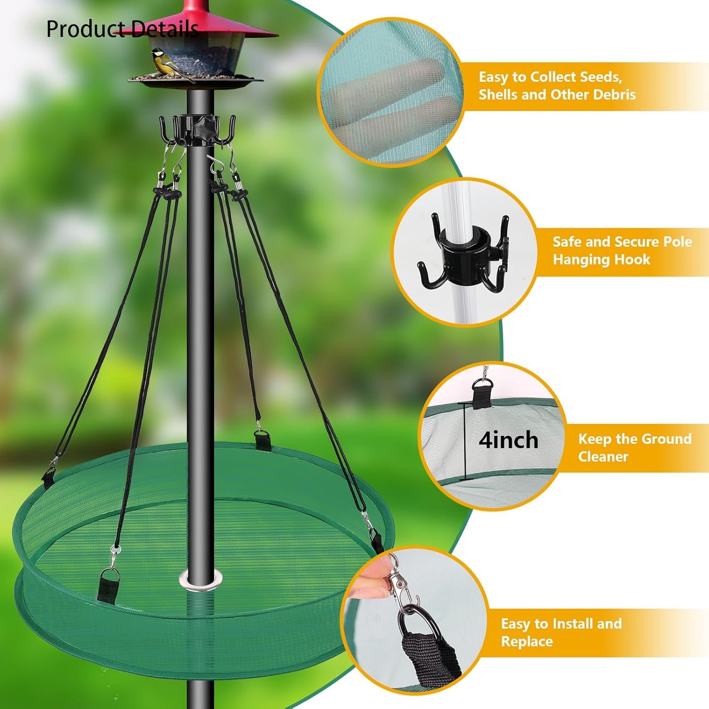 20'' Bird Seed Catcher Tray for Pole Mounted Bird Feeder, Birdseed Hoop with Holes Fits 1'' Pole for Birds Feeders Outdoors, Backyard, Garden (1)