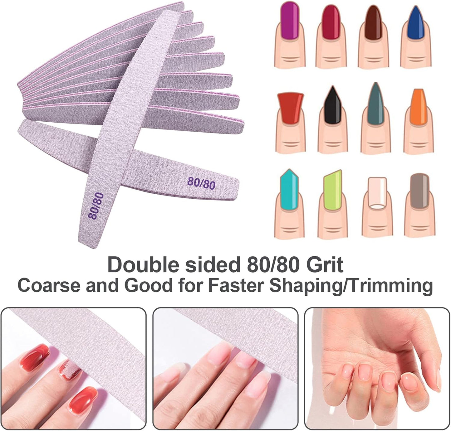 80/80 Grit Nail Files (10 Pack), Emery Boards for Acrylic Nails and Gel Nails, Coarse Nail File Double Sided 80 Grits Emory Professional Nail Filers Reusable Washable Manicure Curved Gray