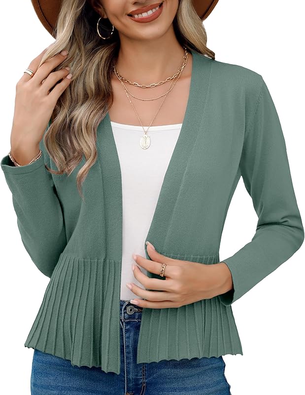 Women's Casual Open Front Lightweight Cropped Cardigans Long Sleeve Sweater Soft Draped Peplum Knit Outwear