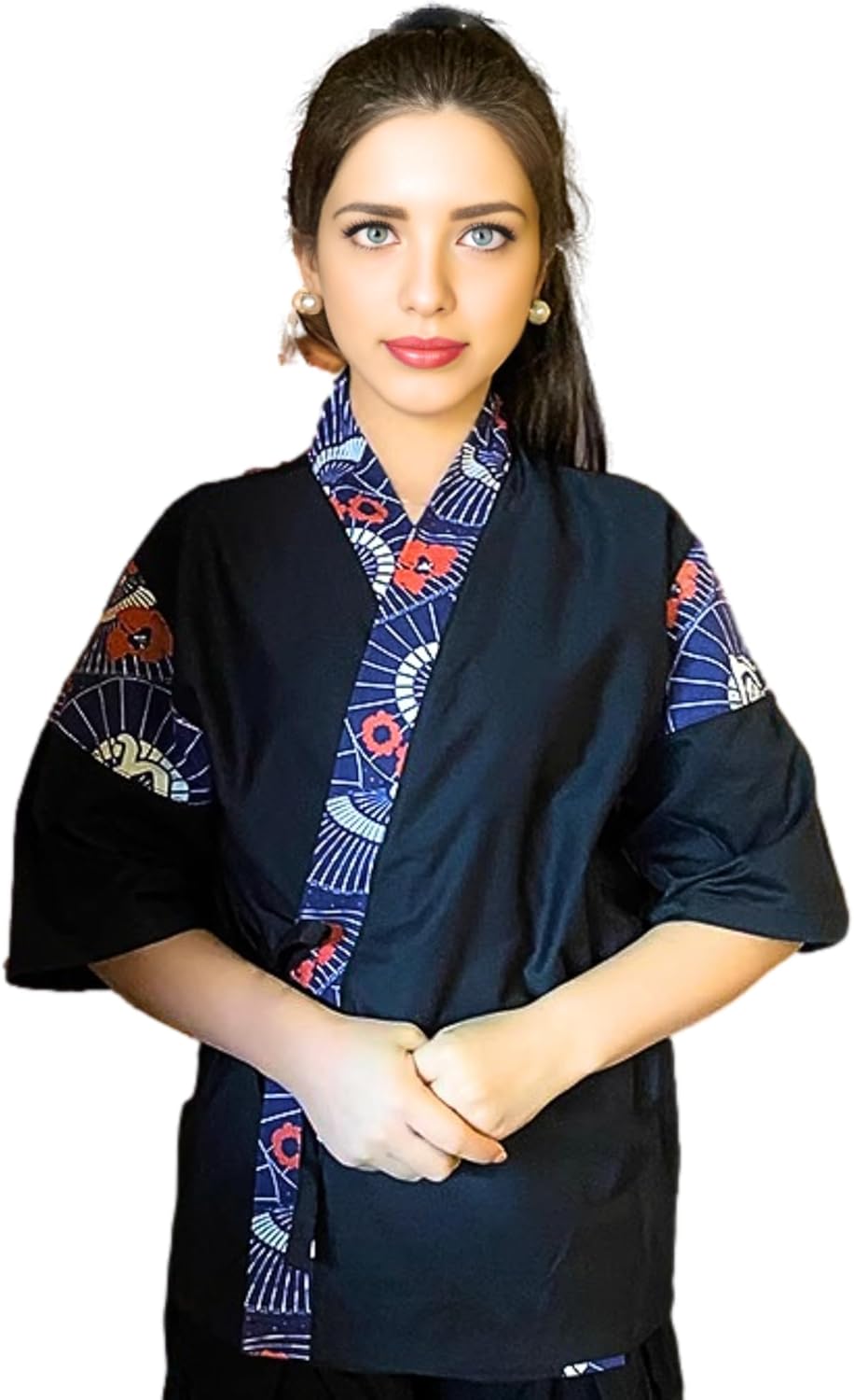 Japanese Sushi Restaurant Chef Coat Uniforms, 3/4 Sleeve Kimono Floral Workwear Jacket Dragon Black Headband XL