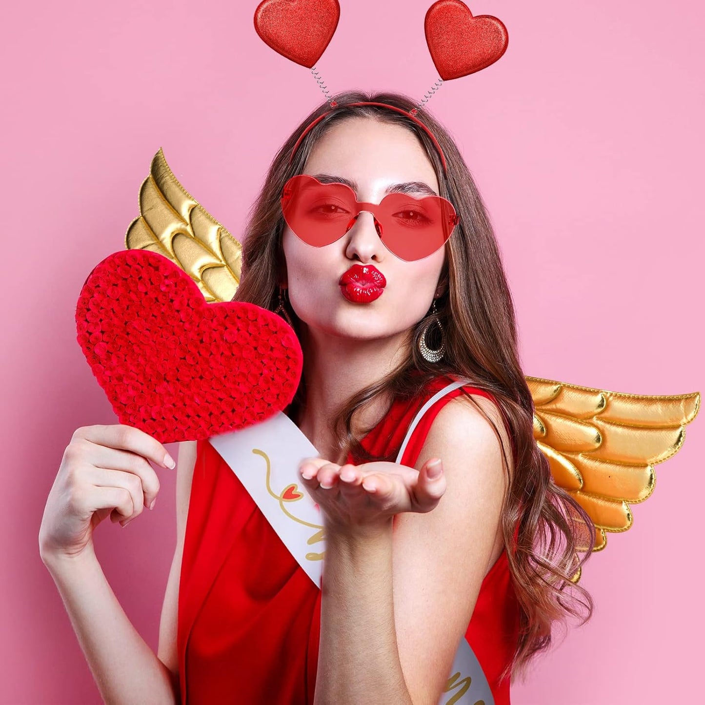 Marsui 7 Pcs Valentines Cupid Costume Set Valentine's Cupid Accessory Kit Includes Wings, Heart Sunglasses, Bopper Heart Headband, Body Sash, Bow and Arrow and Tutu Skirt for Women Men Adult Props Set