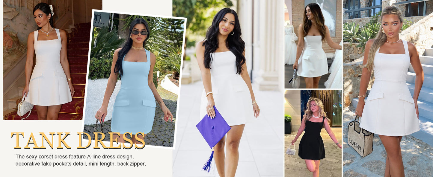 BORIFLORS Women's Sexy Bodycon Corset Mini A Line Dresses Sleeveless Square Neck Party Short Dress