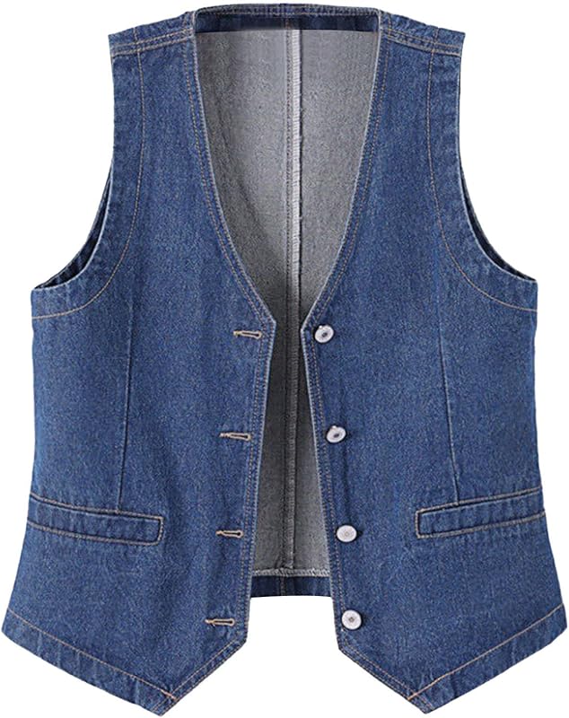 Womens Sleeveless Denim Vest V Neck Button Down Jean Waistcoat Y2K Casual Trendy Loose Fit Lightweight Jackets with Pockets