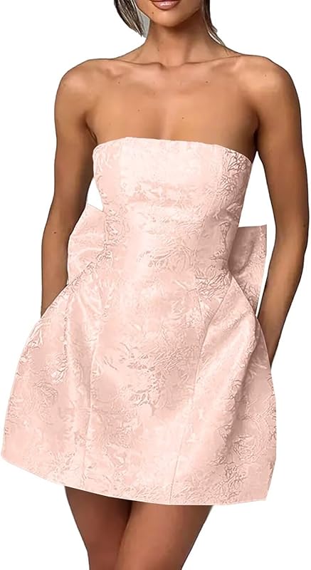 Xijun Short Jacquard Satin Homecoming Dresses for Teens Strapless Embroidery Mini Prom Cocktail Party Gown with Bow