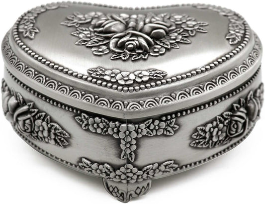 Classic Vintage Heart Shape Metal Jewelry Box Ring Trinket Storage Organizer Chest Christmas Gift, Medium