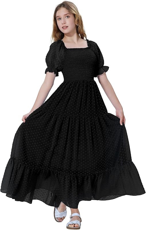 EXARUS Girls Maxi Long Smocked Dress Tween Swiss Dots Summer Square Neck Short Sleeve Casual A-line Dresses for 6-12Y