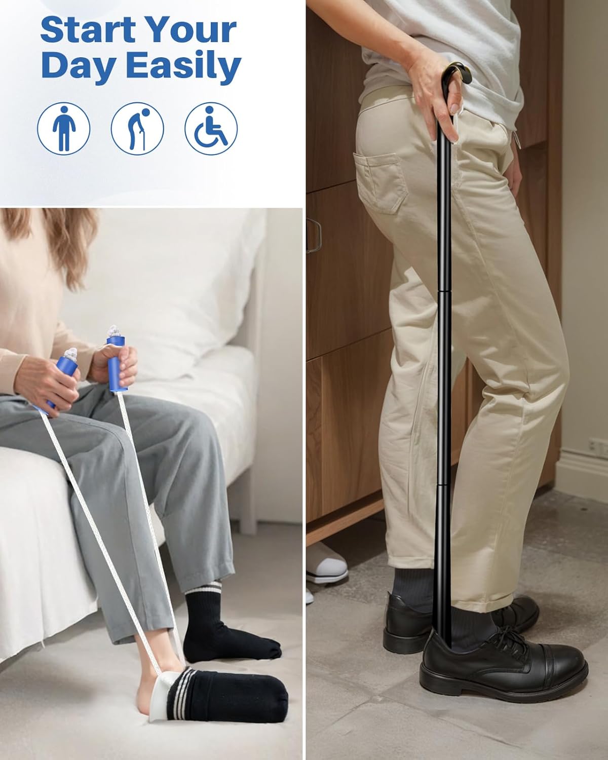 3 in 1 Sock Aid Device for Seniors Kit [Sock Aid and Dressing Stick] -Sock Aide Device with Foam Handles, 35 Inch Adjustable Extended Shoe Horn & Sock Puller Aid Easy On and Off