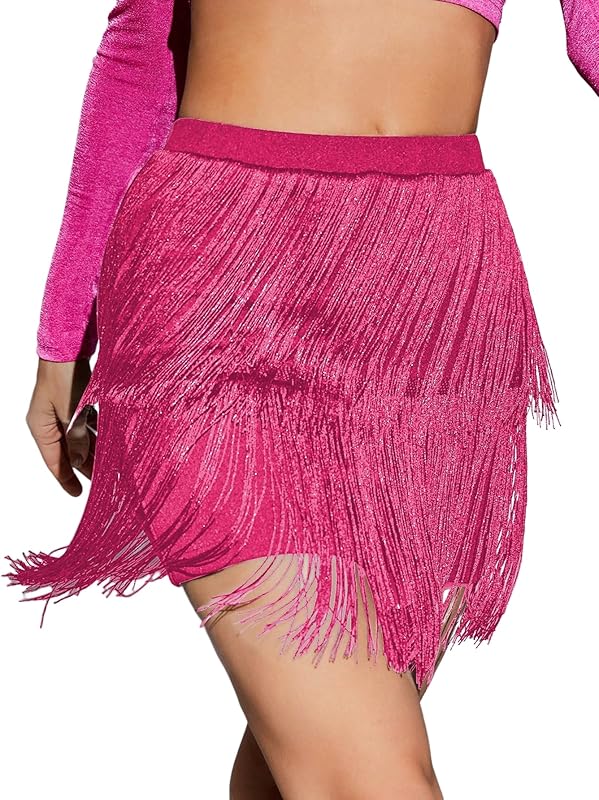 WDIRARA Women's Fringe Skirt High Waisted Tiered Dance Party Layered Swing Mini Skirt