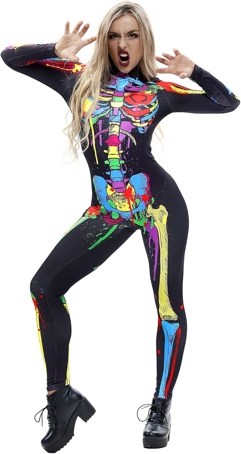 JJEUWE Women's Skeleton Halloween Bodysuit Costume Stretch Skinny Catsuit Jumpsuit