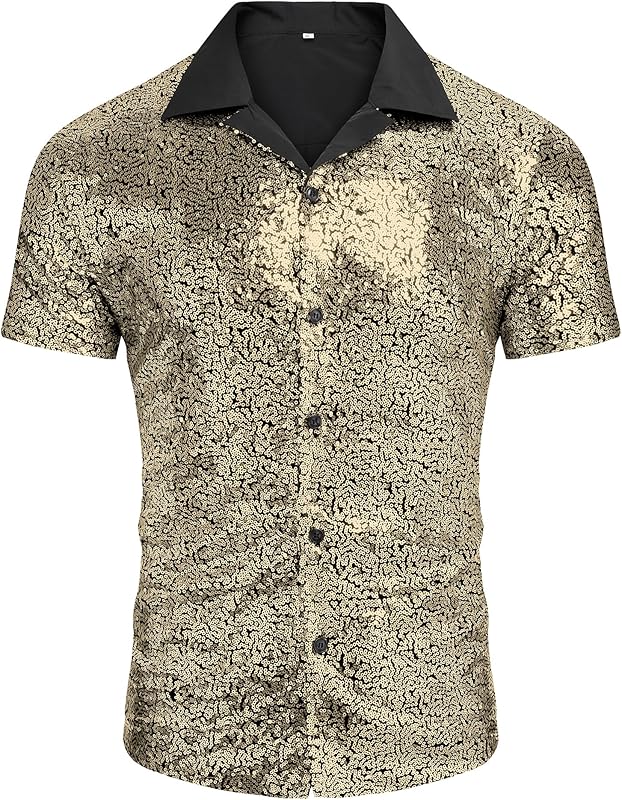 AstoSeu Men's Sequin Dress Shirt 70s Disco Costume Sparkle Party Short Sleeve Button Down Shirts
