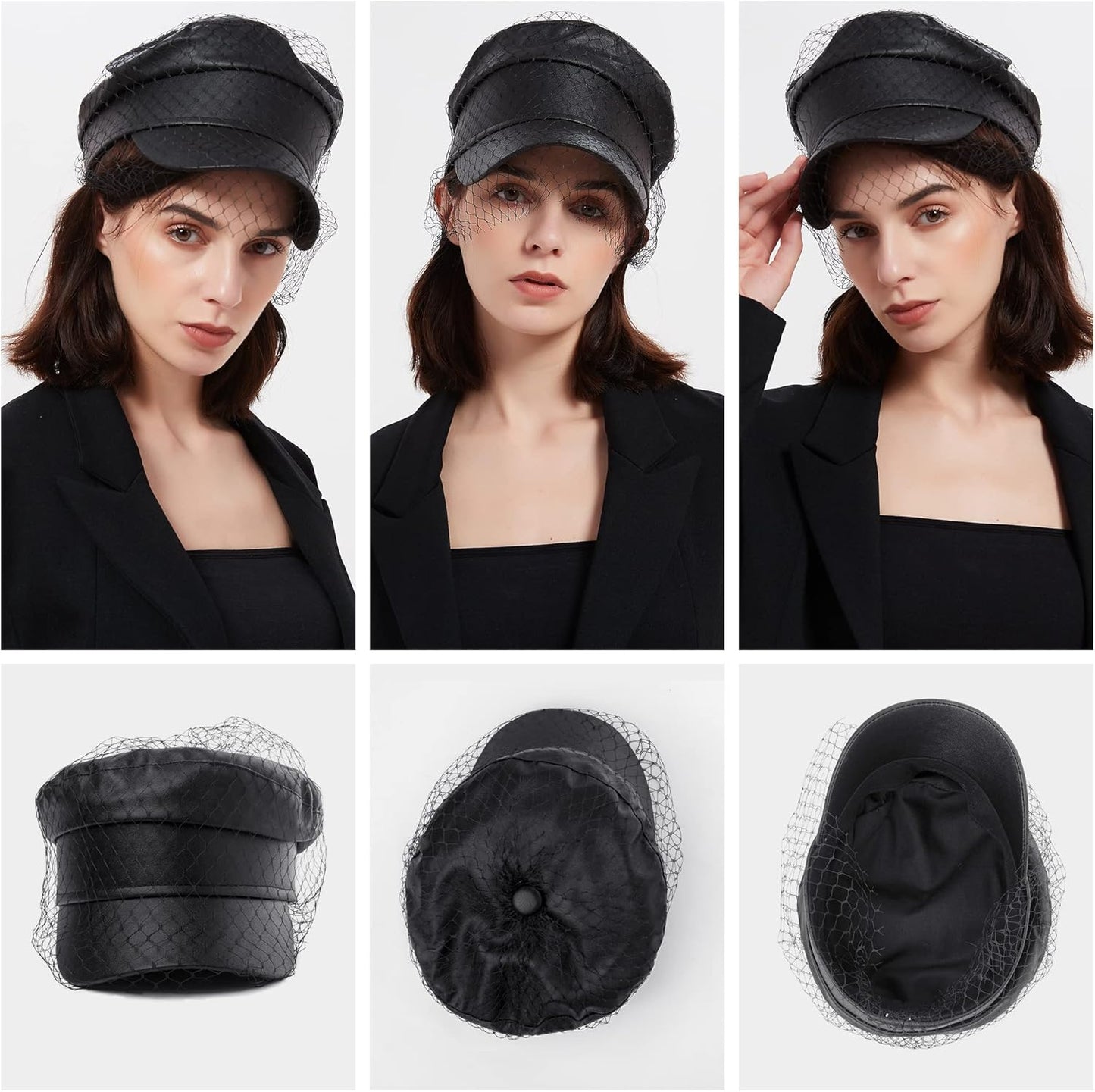 Beret Hats for Women PU Leather Newsboy Fiddler Cap with Veil Casual Baker Boy Captain Hat
