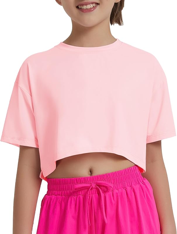 EXARUS Girls Athletic Shirts Short Sleeve Crop Tops/Split Back Quick Dry T Shirt Workout Summer Casual Kids 6-14Y