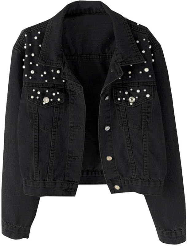 Women’s Oversized Denim Jacket with Pearl Beading and Embroidered Details – Jean Coat