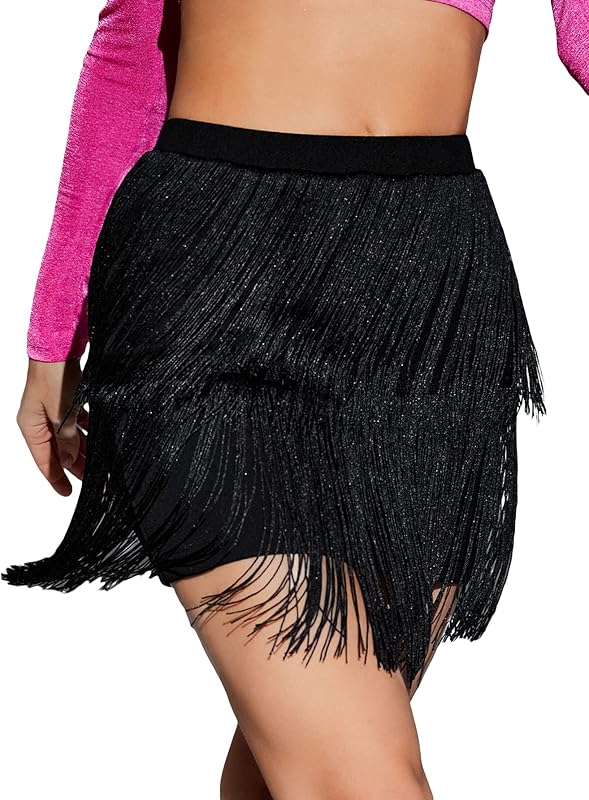 WDIRARA Women's Fringe Skirt High Waisted Tiered Dance Party Layered Swing Mini Skirt