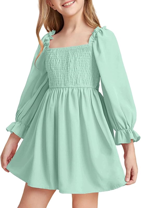 Little Girls Kids Summer Chiffon Ruffle Mini Dress Square Neck Lantern Sleeve Short Dress Tulle Smocked