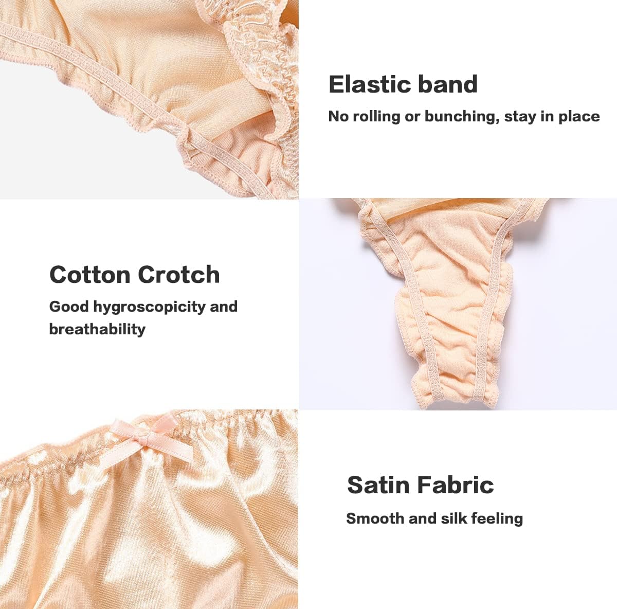 Women's Satin Thongs Silk Feeling Bikini Briefs Underwear Ruched G-String Thong Panties Smooth Panties 4 Pack