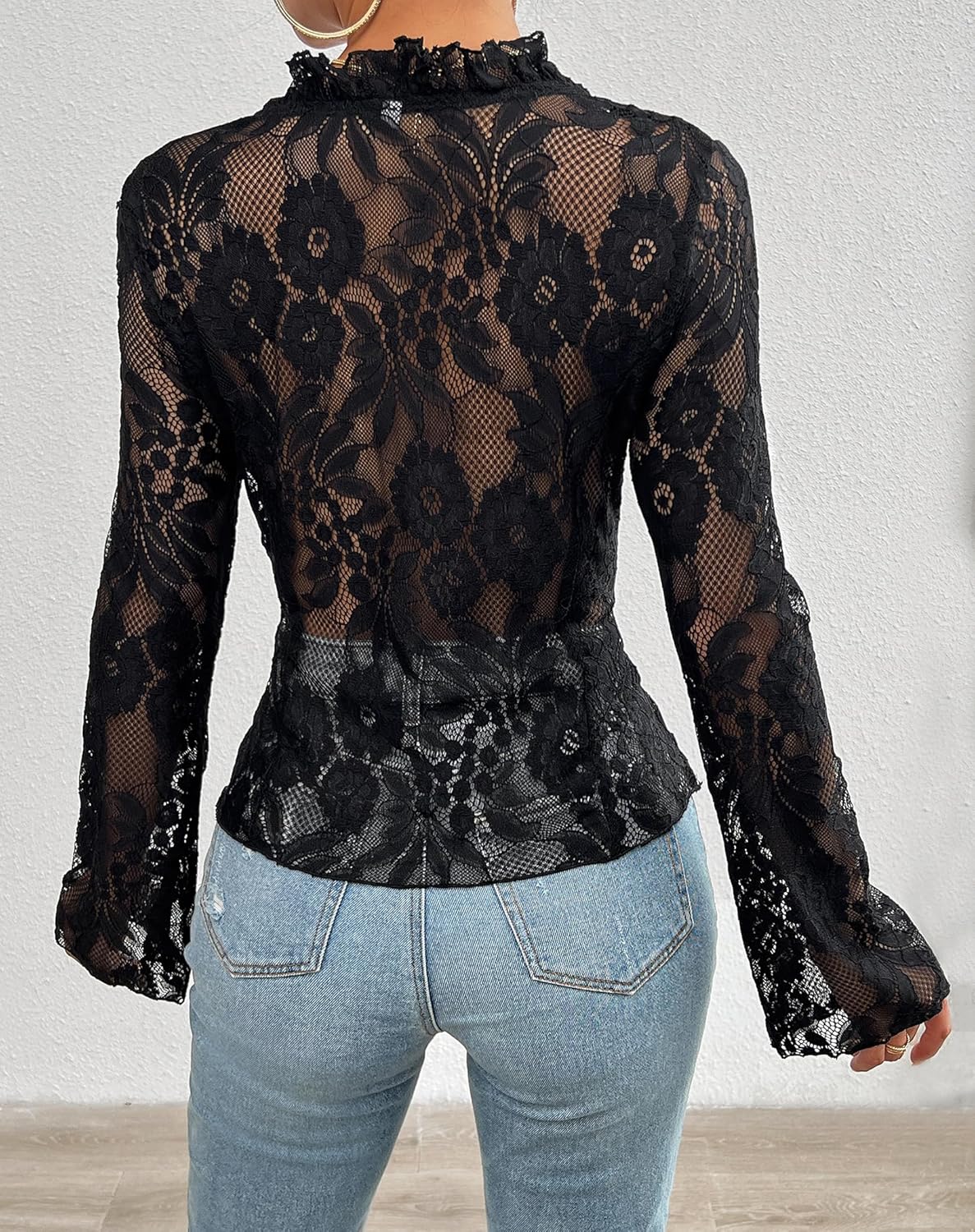 Lace Tops for Women Long Sleeve See Through Sexy Sheer Mesh Crop Top Shirt Open Front Tie Blouse Ruffle for Women
