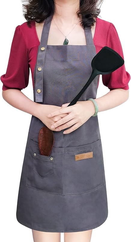Apron for Men Women with Adjustable Straps and Large Pockets, Canvas Cotton Cooking Kitchen Chef Bib Aprons Waterproof Beige