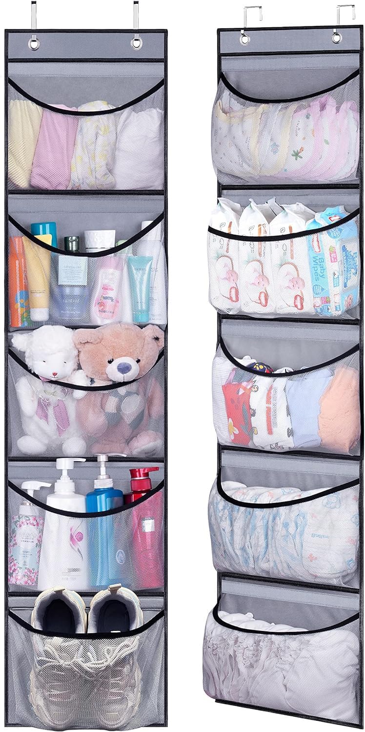 KEETDY Hanging Shelves Over the Door Organizer Storage for Closet with 5 Pockets Organizer for Bedroom Bathroom, 2 Pack（Grey）