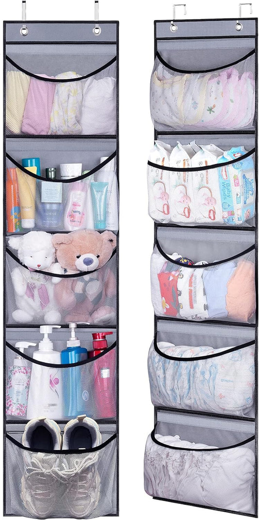 KEETDY Hanging Shelves Over the Door Organizer Storage for Closet with 5 Pockets Organizer for Bedroom Bathroom, 2 Pack（Grey）