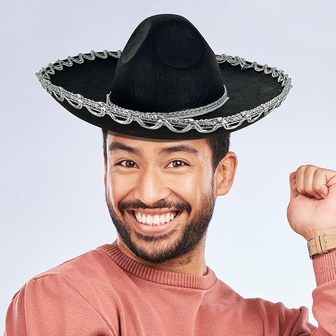 GiftExpress Black Mariachi Sombrero Hat with Silver Trim, Sombrero for Cinco de Mayo, Halloween Costume, Mexican Fiesta Costume