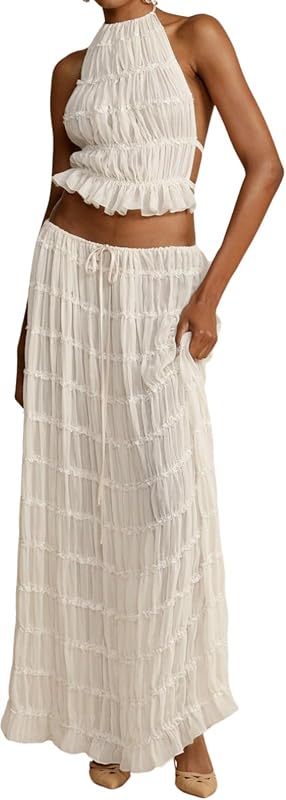 Unybwonn Maxi Skirt Set Summer Two Piece Outfits Backless Backless Halter Top Pleated Flowy Long Skirts Y2k Beach Set