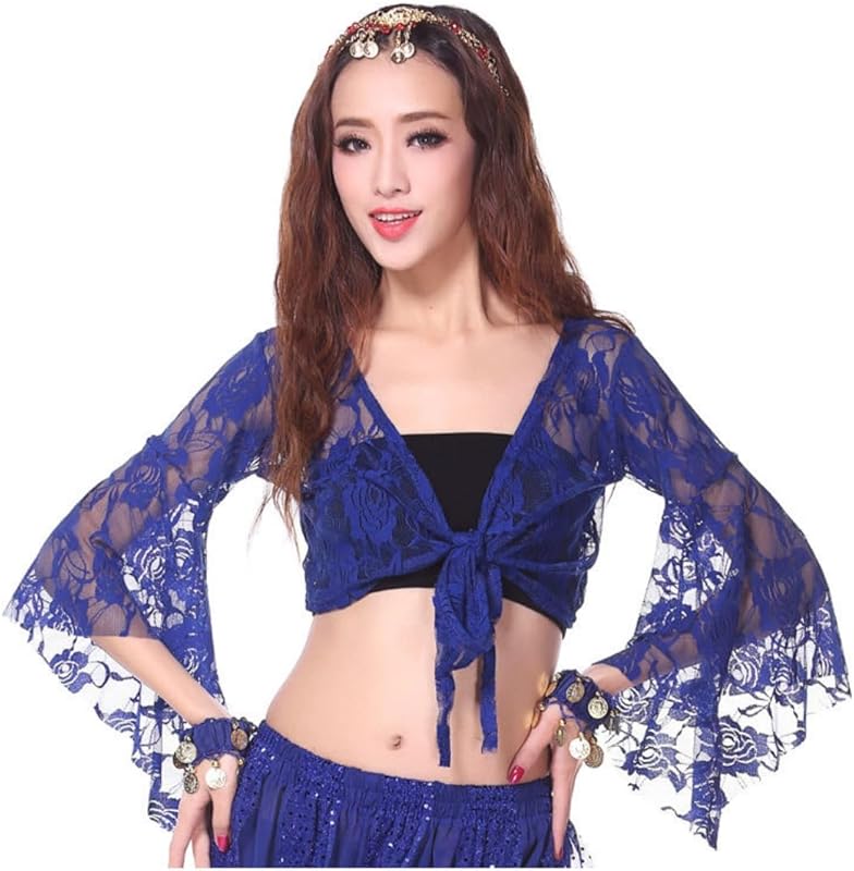 Women Belly Dance 3/4 Flared Sleeve Wrap Top, Knot Bandage Floral Shawl Crop for Dancewear, Lace Butterfly Tribal Yoga Costume Accessories for Women Girls