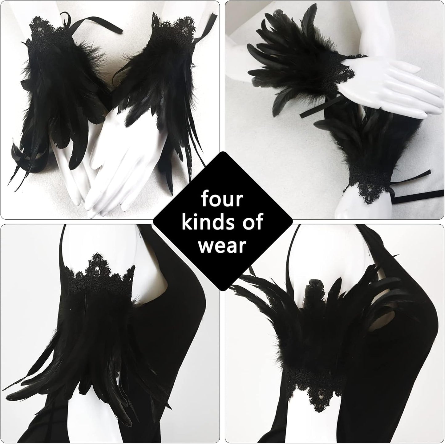 Black Lace Feather Gloves Cuffs for Women Cosplay Costume Accessories with Swan Wrist Bands