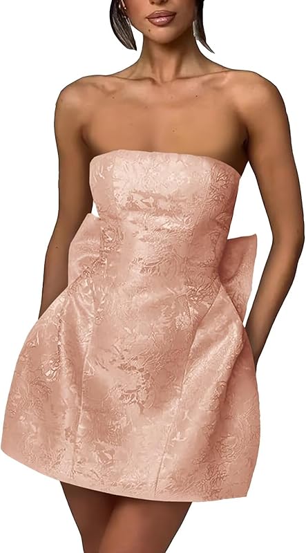 Xijun Short Jacquard Satin Homecoming Dresses for Teens Strapless Embroidery Mini Prom Cocktail Party Gown with Bow