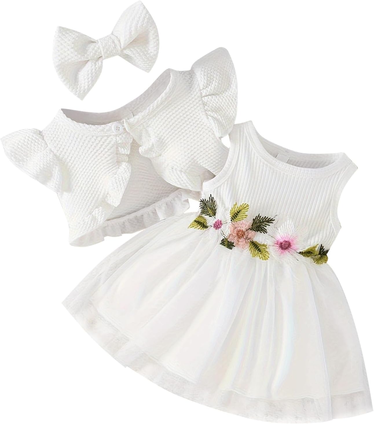 IDOPIP Baby Girls Tutu Dress Cardigan Headband 3 Pieces Elegant Embroidery Outfit Princess Baptism Ball Gown Pageant Dress