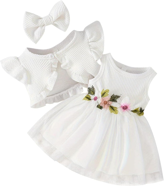 IDOPIP Baby Girls Tutu Dress Cardigan Headband 3 Pieces Elegant Embroidery Outfit Princess Baptism Ball Gown Pageant Dress