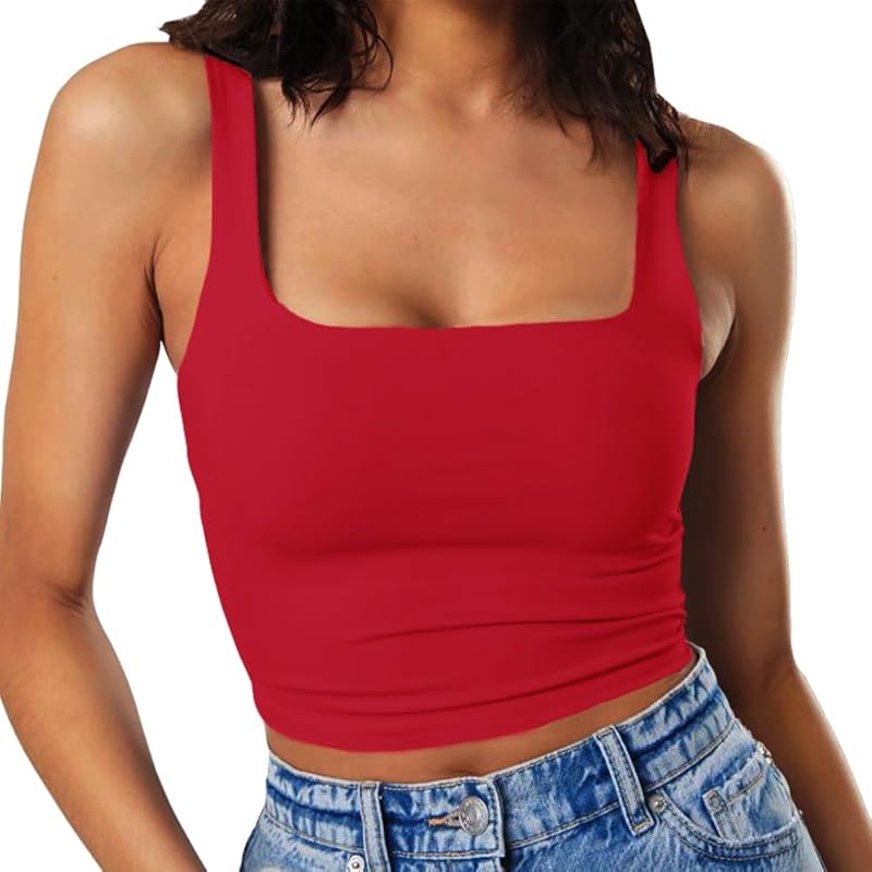 Artfish Women's Sleeveless Strappy Tank Square Neck Double Layer Workout Fitness Casual Basic Crop Tops